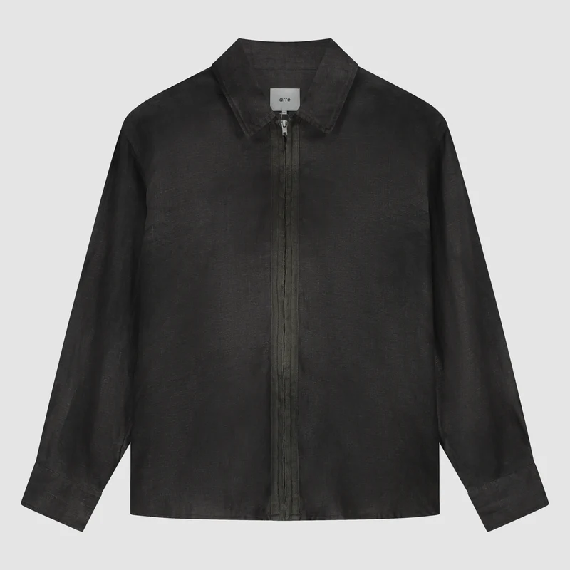 Chemise en lin délavé à fermeture éclair - Noir