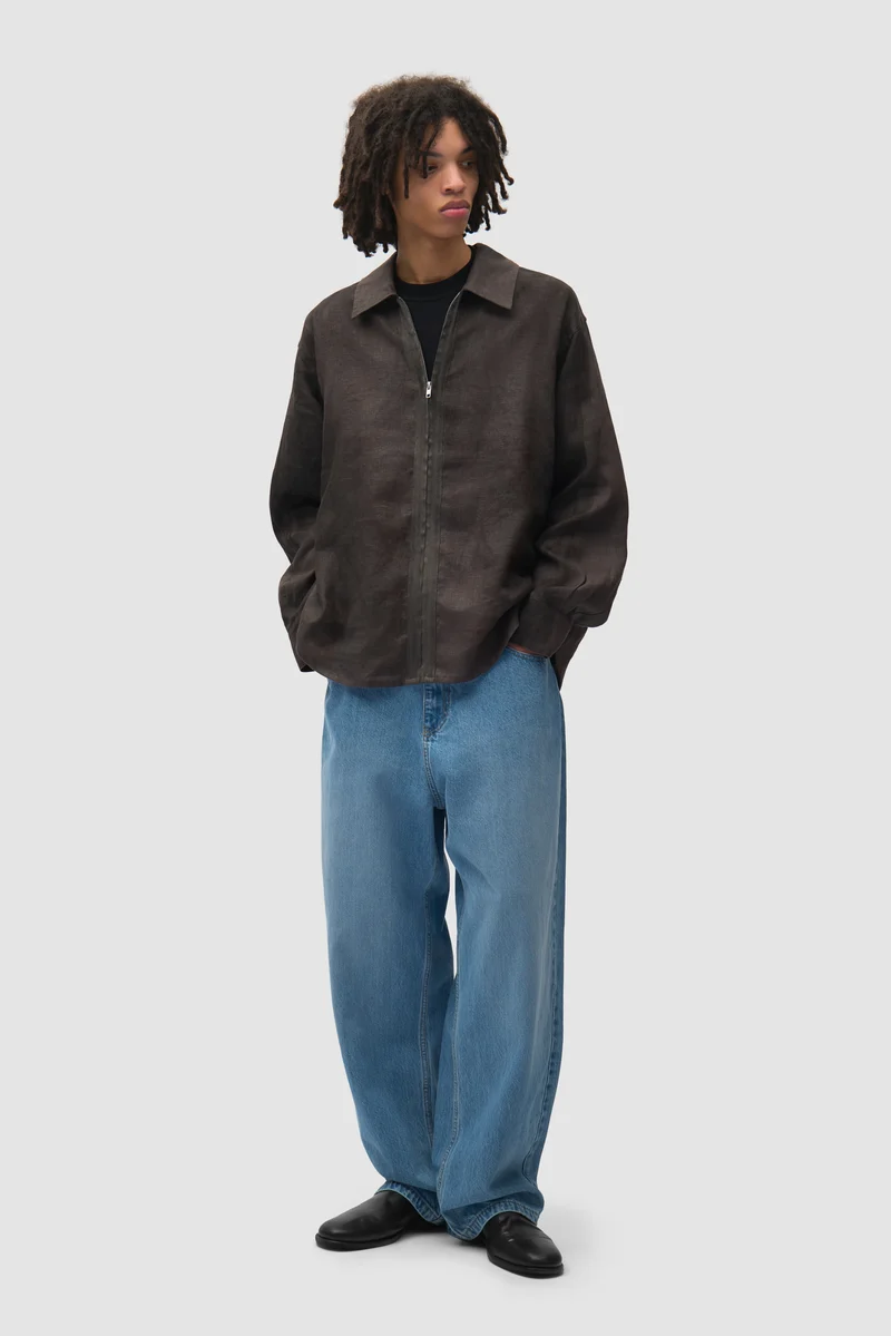 Chemise en lin délavé à fermeture éclair - Noir