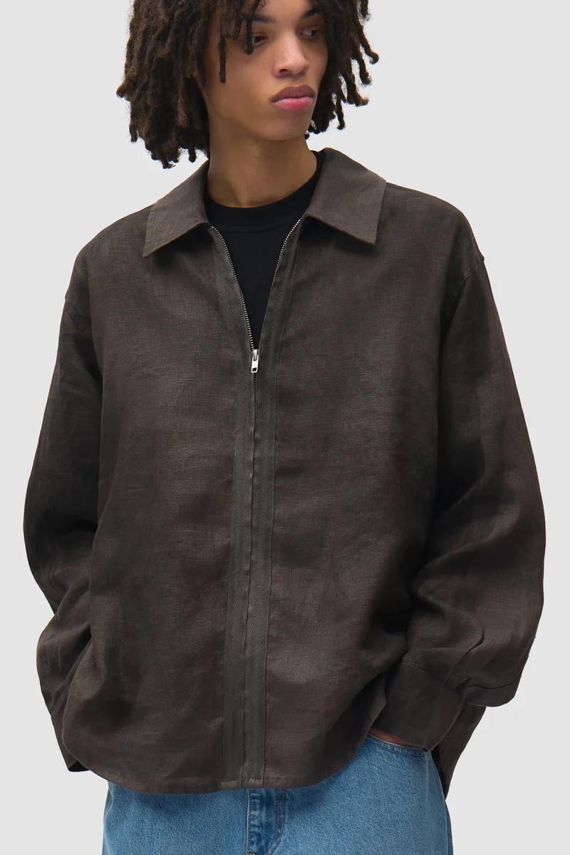 Chemise en lin délavé à fermeture éclair - Noir