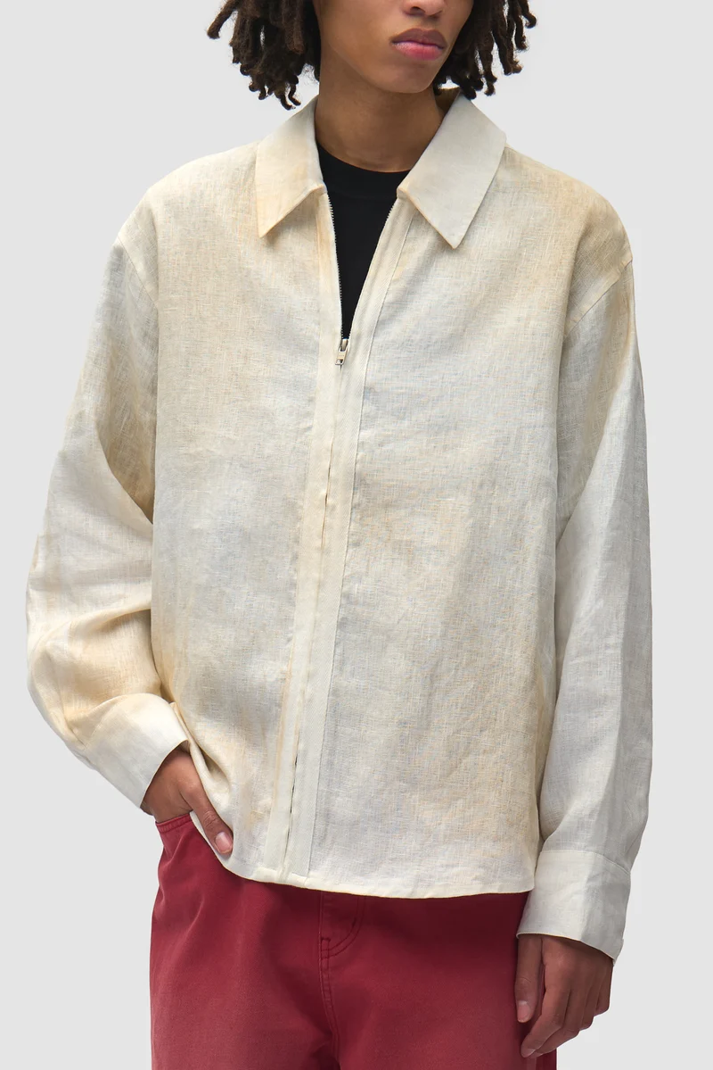 Chemise en lin délavé à fermeture éclair - Crème