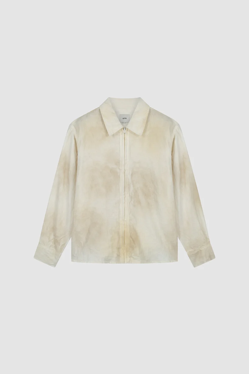 Chemise en lin délavé à fermeture éclair - Crème