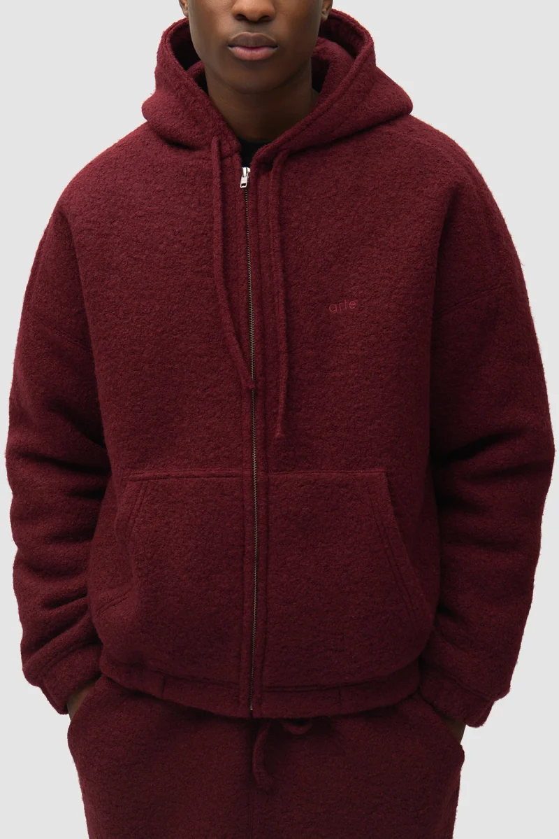 Veste à capuche en laine bouillie - Bordeaux
