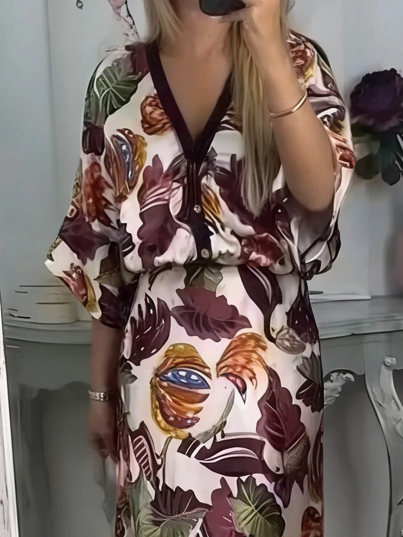 Retro Jungle Palm Leaf Satin Print Batwing Sleeve Shir