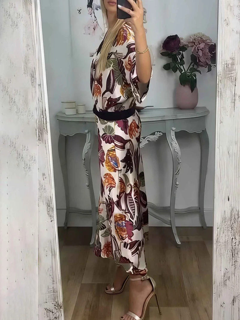 Retro Jungle Palm Leaf Satin Print Two-Piece Set