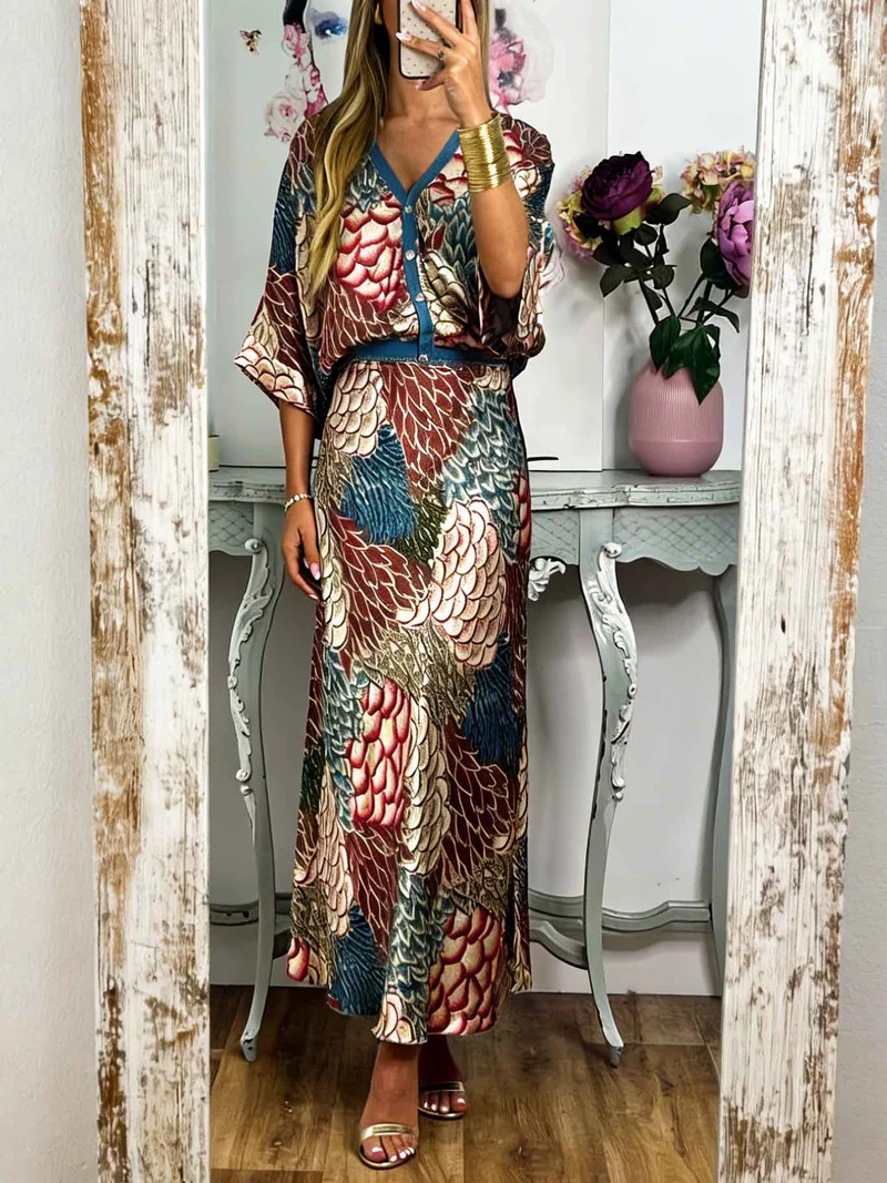Retro Scale Print Satin Skirt Two-Piece Set