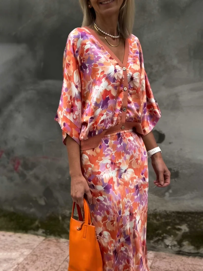 Exquisite Floral Print Satin Batwing Sleeve Shirt