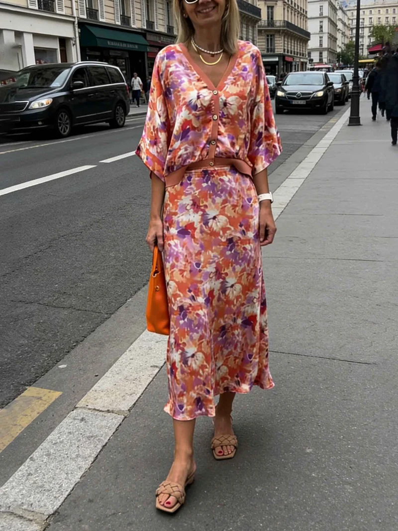 Exquisite Floral Print Satin Two-Piece Set