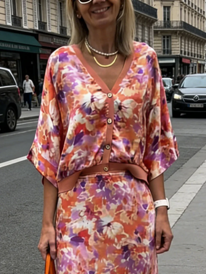 Exquisite Floral Print Satin Two-Piece Set