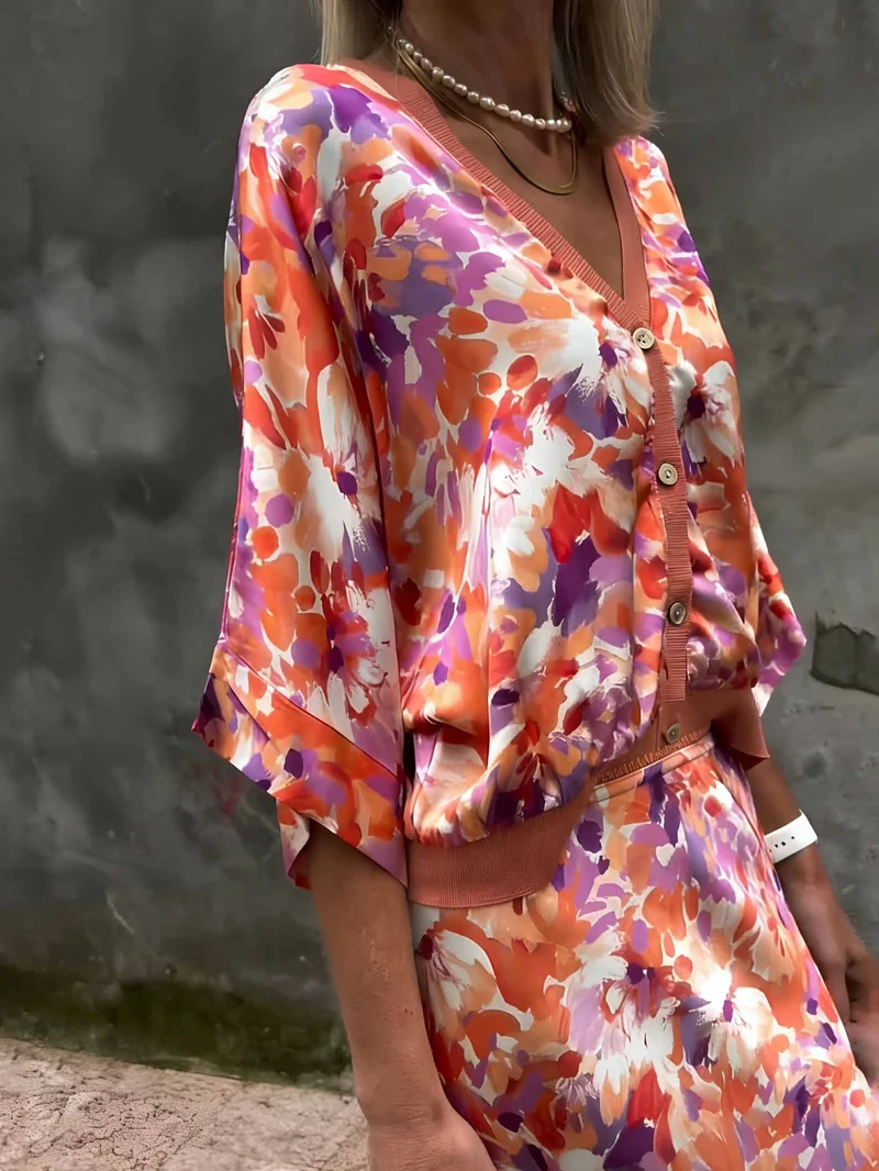 Exquisite Floral Print Satin Two-Piece Set