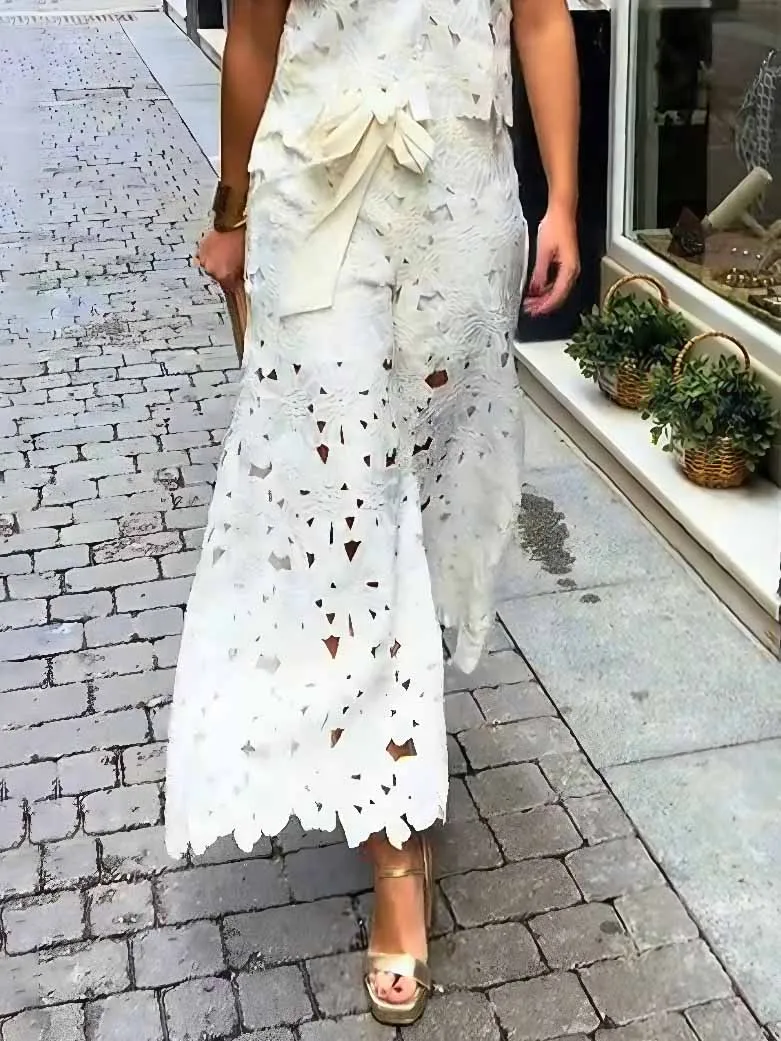 Casual Cutout Lace Wide-Leg Pants