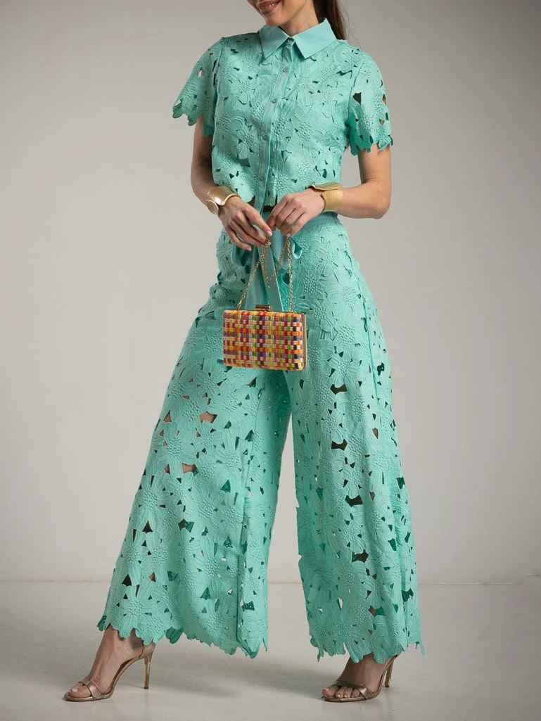 Casual Cutout Lace Wide-Leg Pants