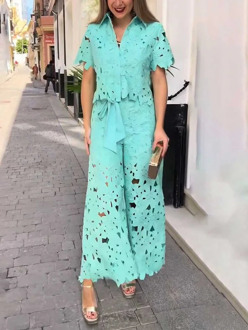 Casual Cutout Lace Wide-Leg Pants