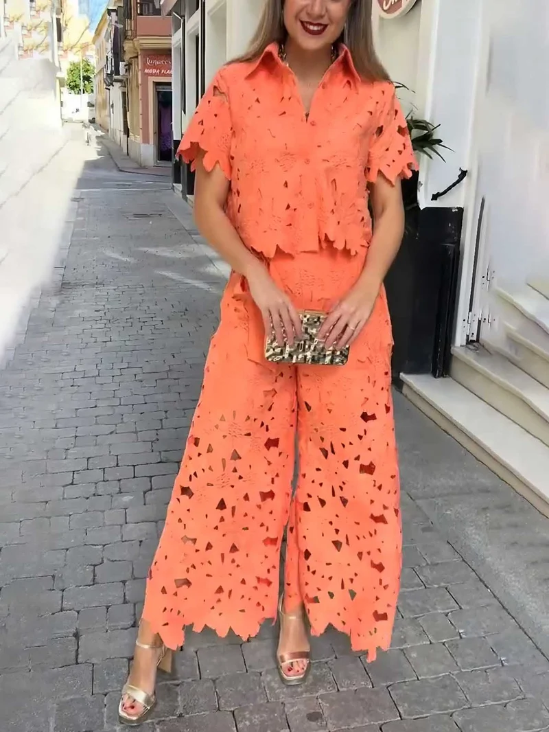 Casual Cutout Lace Wide-Leg Pants