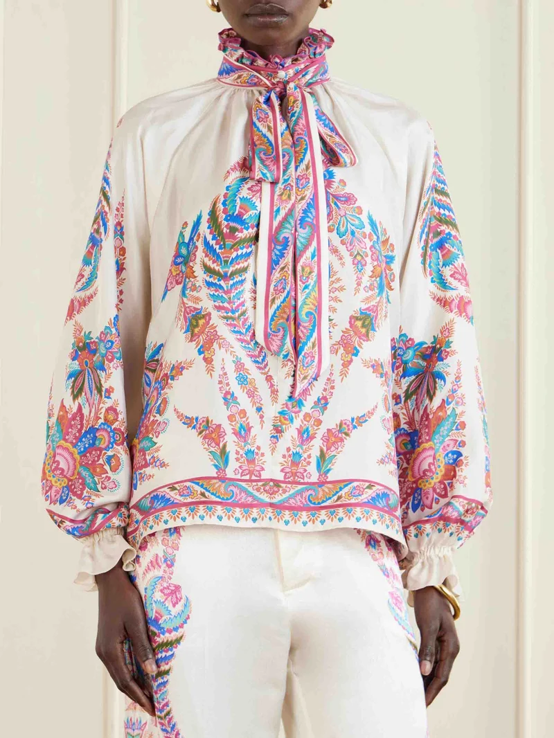 Exquisite Bow Detail Paisley Print Satin Shirt