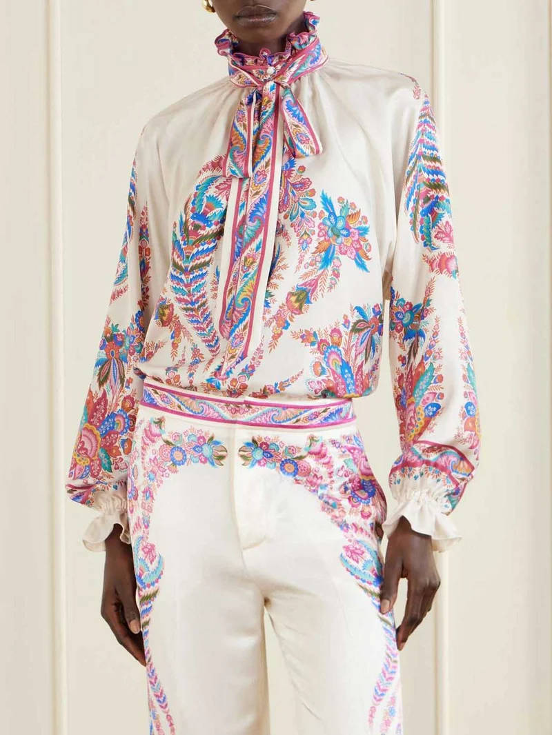 Exquisite Bow Detail Paisley Print Satin Two-Piece Set