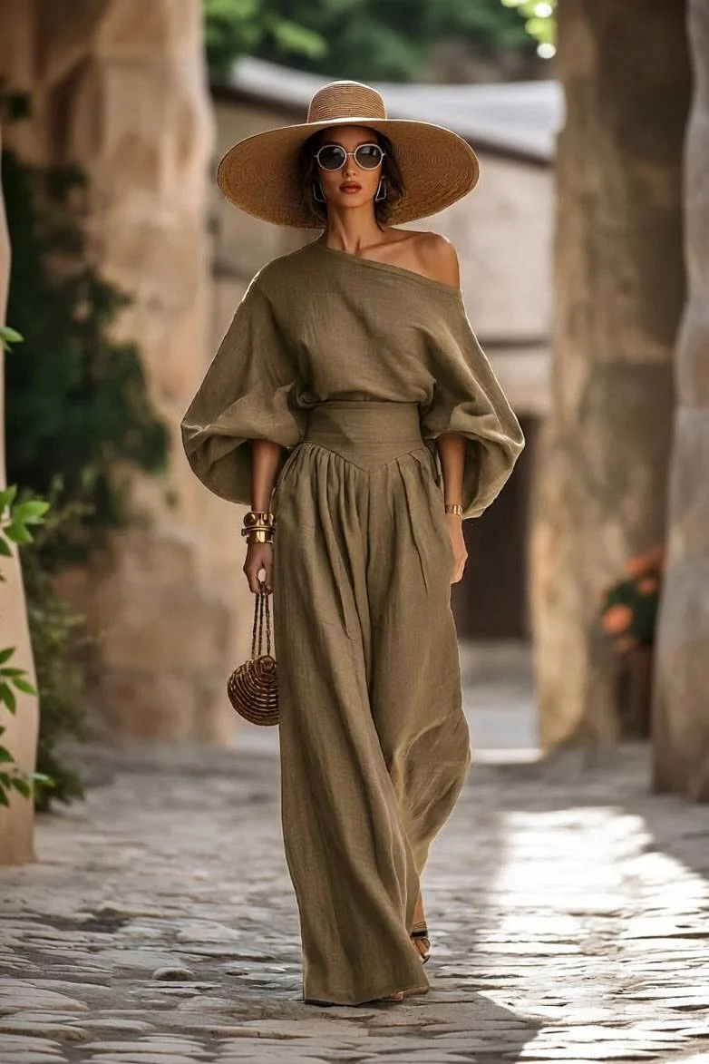 Off-shoulder Shirt And Wide-leg Pants Set