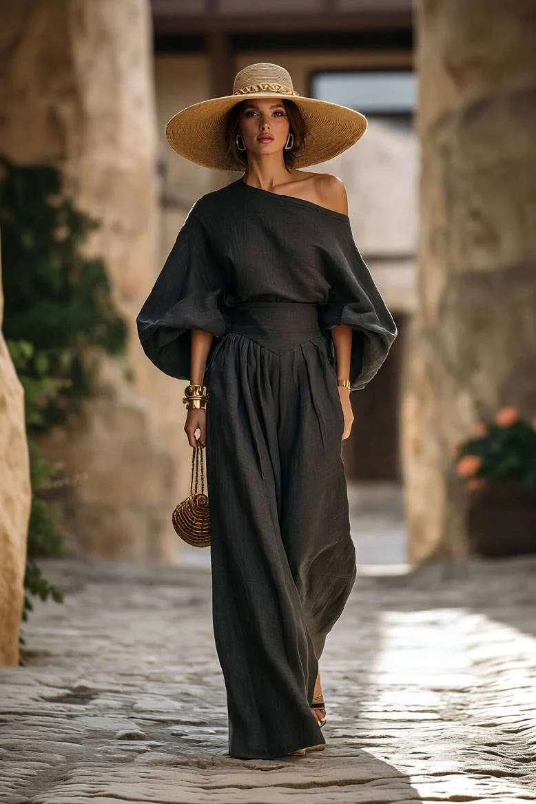 Off-shoulder Shirt And Wide-leg Pants Set