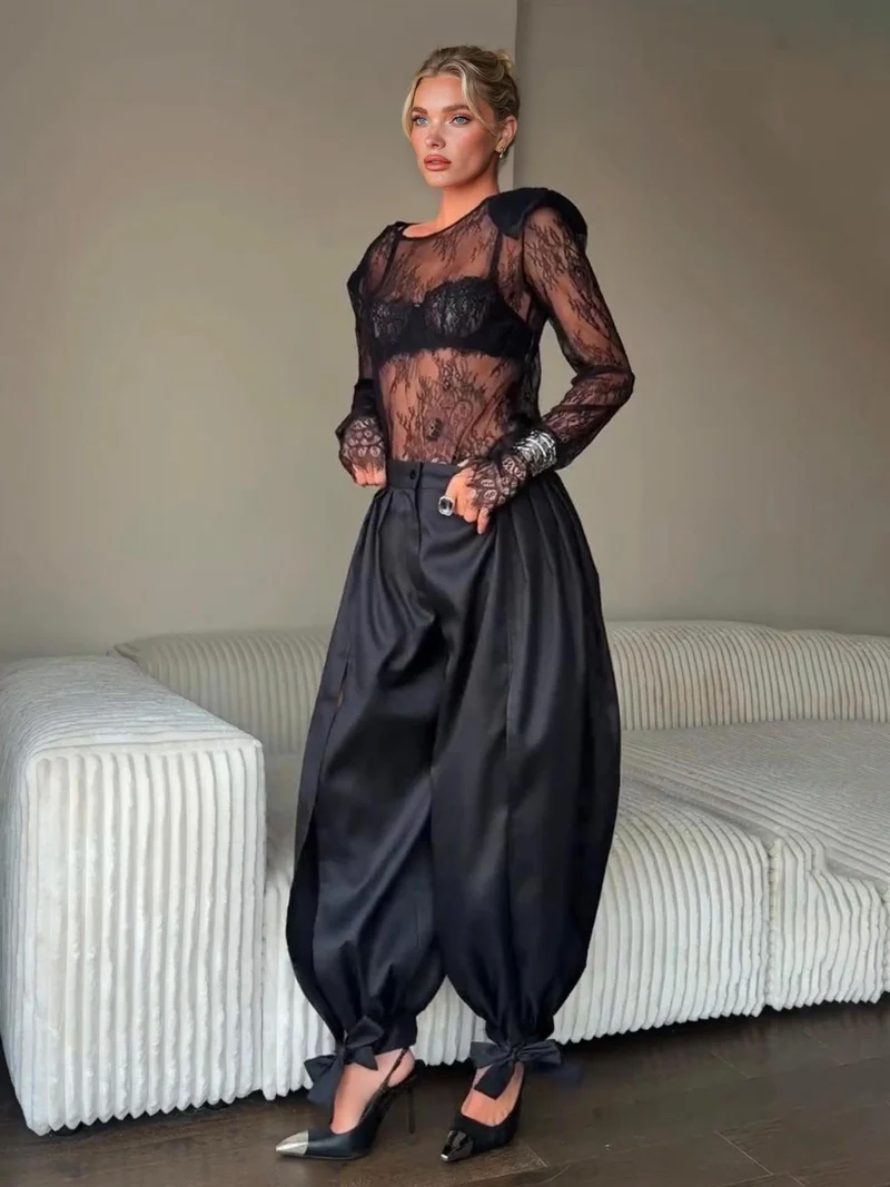 Sexy Lace Top & High-Waisted Drawstring Lantern Pants Set