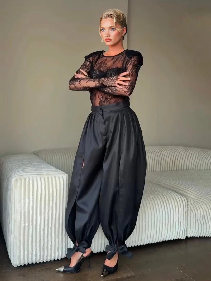 Sexy Lace Top & High-Waisted Drawstring Lantern Pants Set