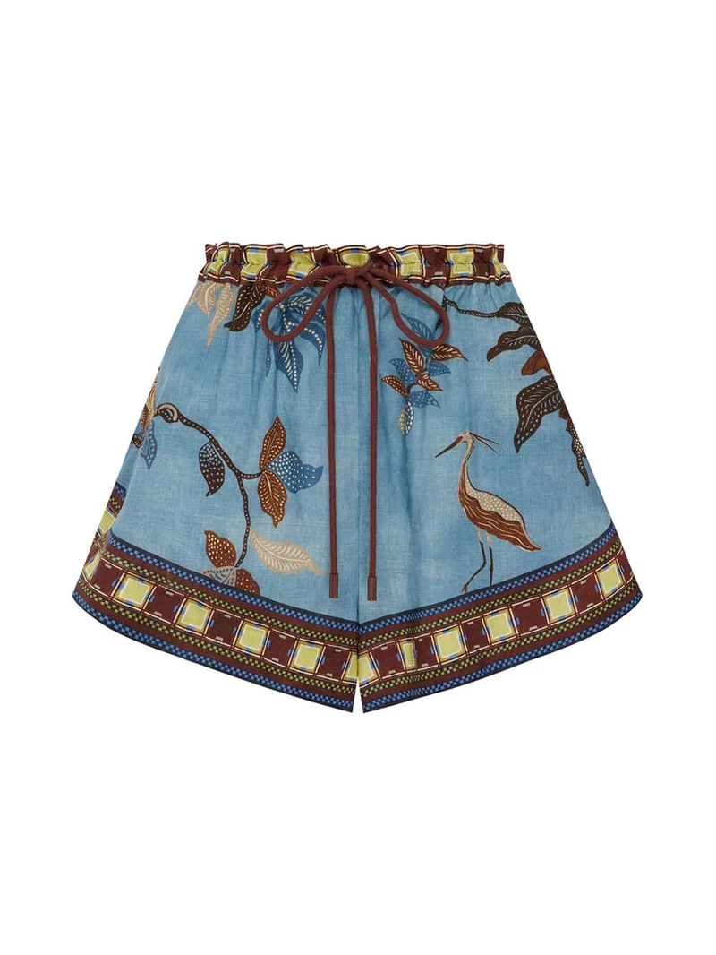 Boho Print Color Block Drawstring Drop Shoulder Top and Shorts Set