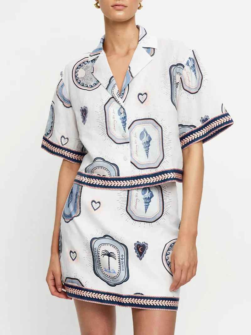Retro Seashell Print Loose Top And A-Line Mini Skirt Set