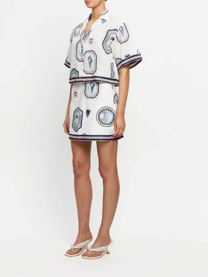 Retro Seashell Print Loose Top And A-Line Mini Skirt Set