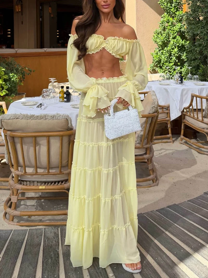 Fashion Off Shoulder Long Bell Sleeve Crop Top and Elastic Waist Layered Cover-up Maxi Skirt Set