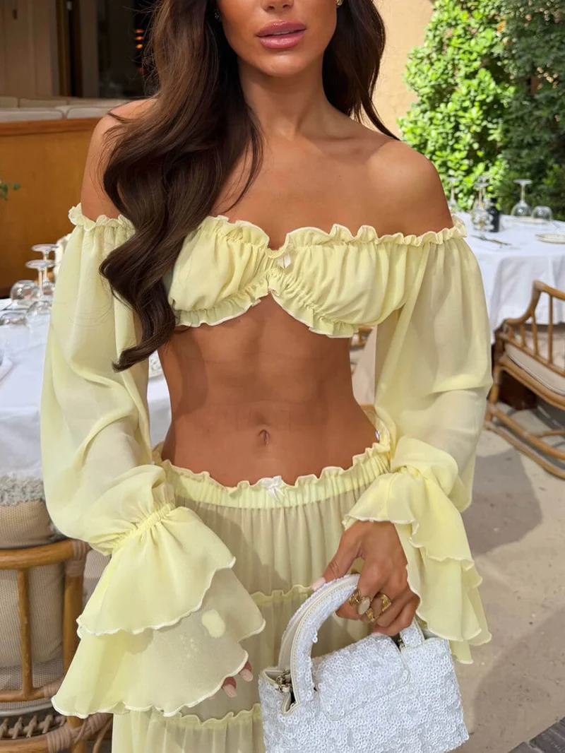 Fashion Off Shoulder Long Bell Sleeve Crop Top and Elastic Waist Layered Cover-up Maxi Skirt Set