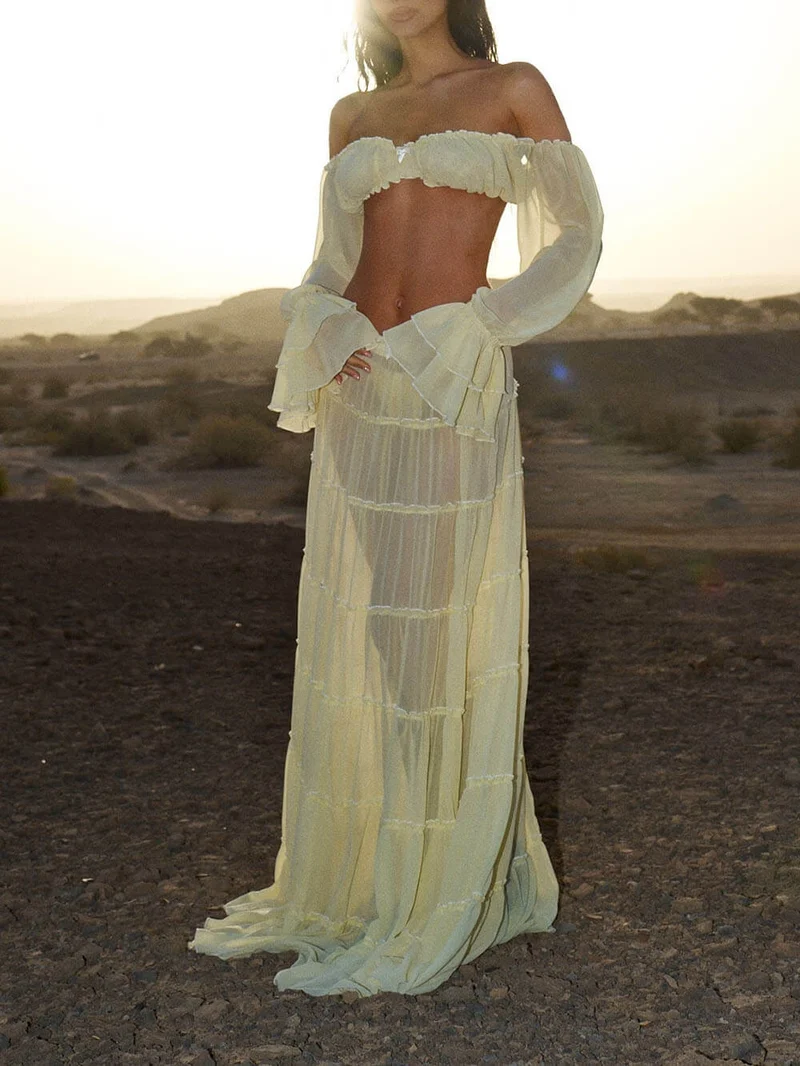 Fashion Off Shoulder Long Bell Sleeve Crop Top and Elastic Waist Layered Cover-up Maxi Skirt Set