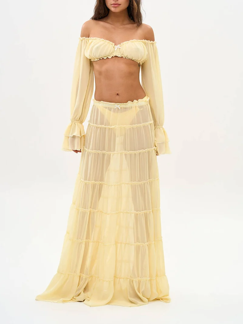 Fashion Off Shoulder Long Bell Sleeve Crop Top and Elastic Waist Layered Cover-up Maxi Skirt Set