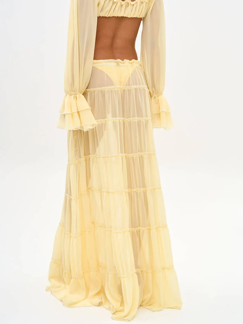 Fashion Off Shoulder Long Bell Sleeve Crop Top and Elastic Waist Layered Cover-up Maxi Skirt Set