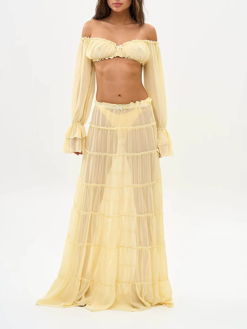 Fashion Off Shoulder Long Bell Sleeve Crop Top and Elastic Waist Layered Cover-up Maxi Skirt Set