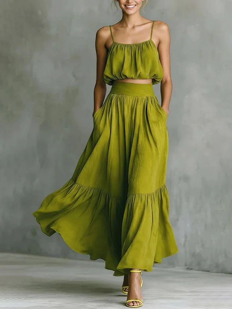 Fashion Linen Blend Bubble Slip Tank and High Rise Pocket A-line Maxi Skirt Set