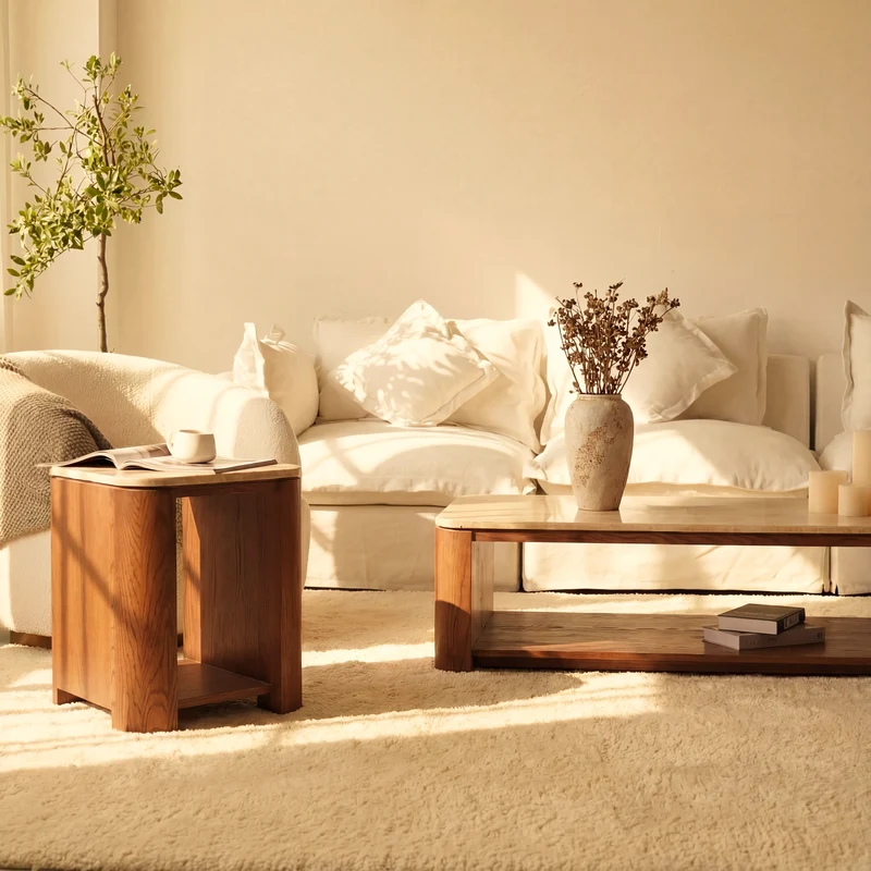Ovelo Side Table Oak wood with travertine top