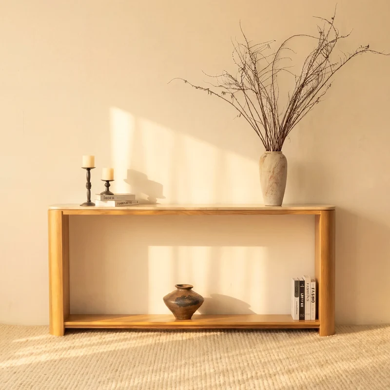 Ovelo Console Table Oak wood with travertine top
