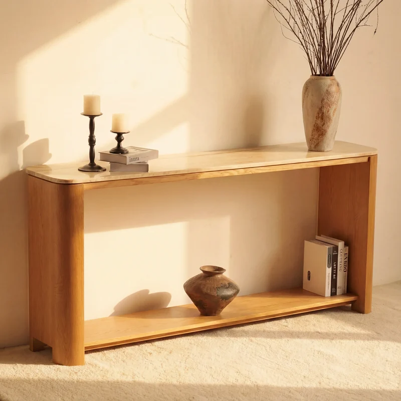 Ovelo Console Table Oak wood with travertine top