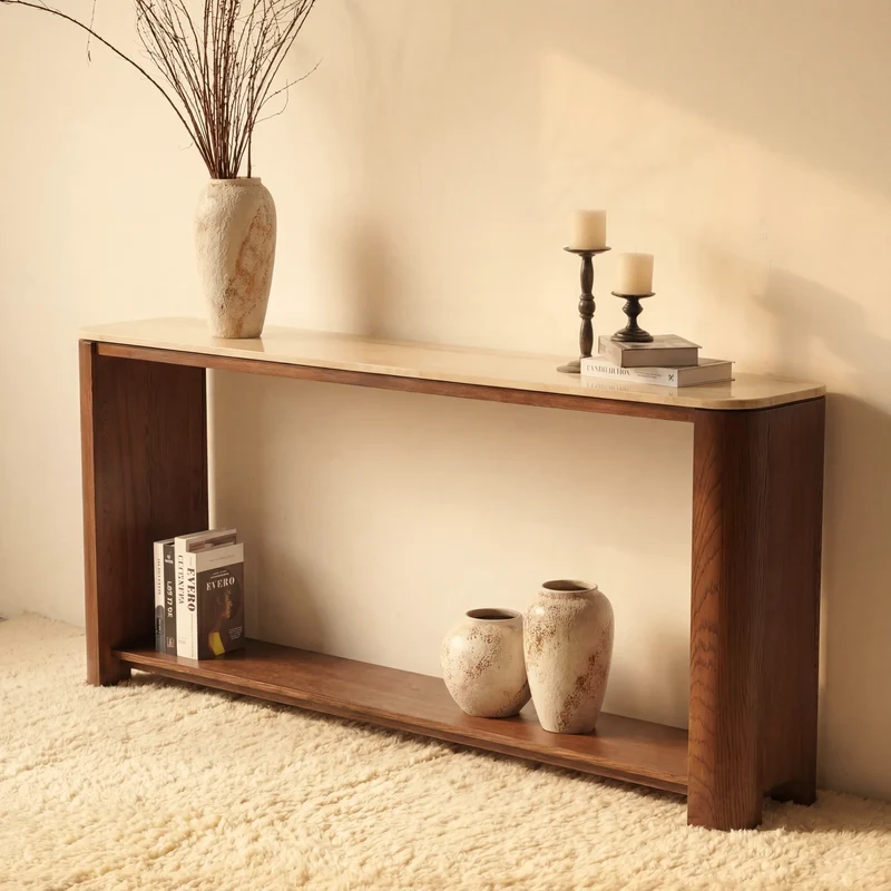 Ovelo Console Table Oak wood with travertine top