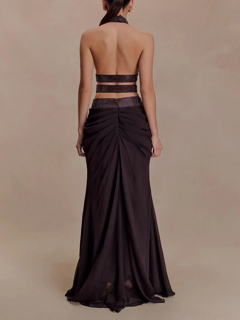 Exquisite Sequin Openwork Top And Satin Pleated Maxi Skirt Set