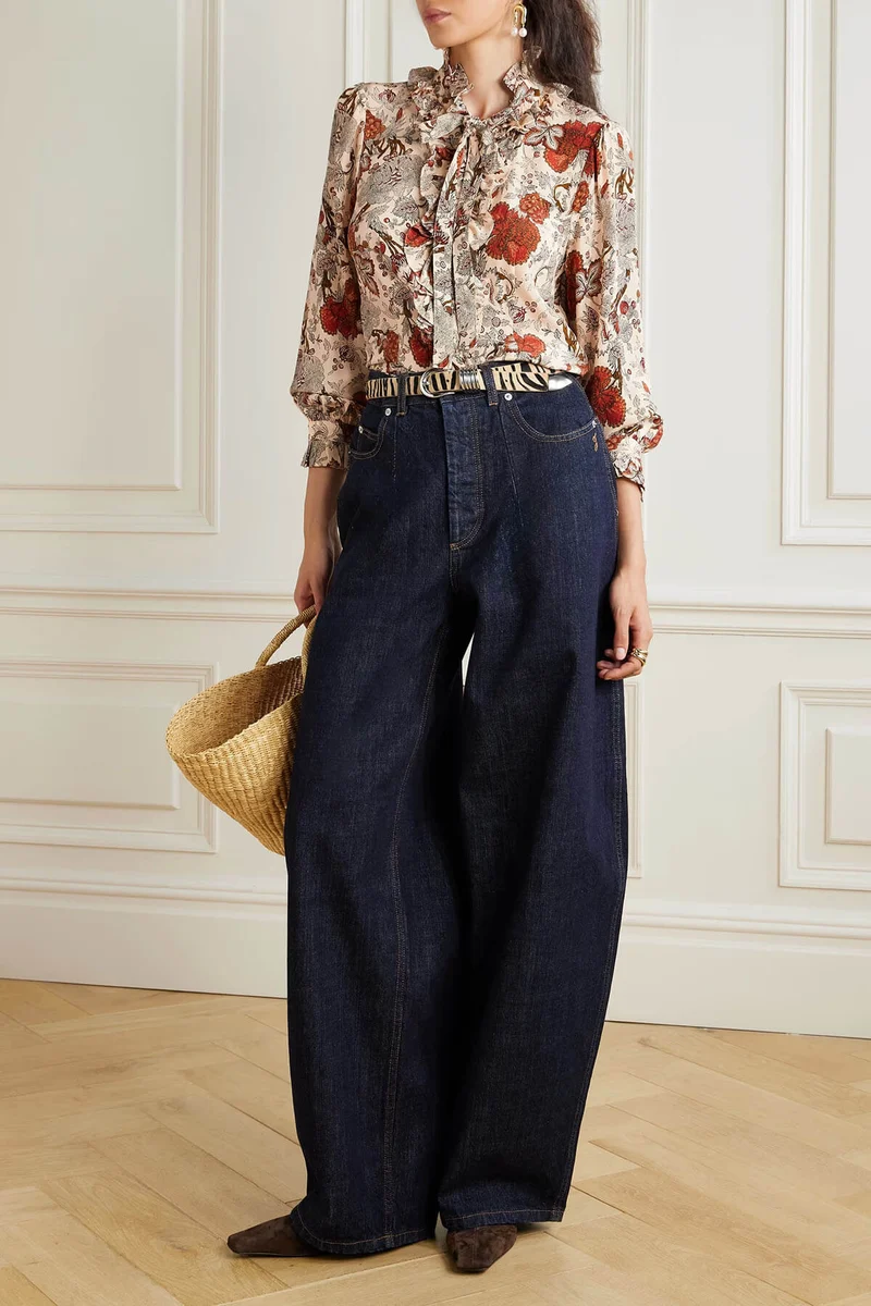 Unique Pussy-Bow Floral-Print Satin Blouse