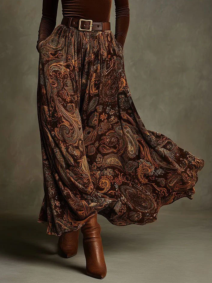 Retro Stretch Velvet Top And Paisley Print Maxi Skirt Set
