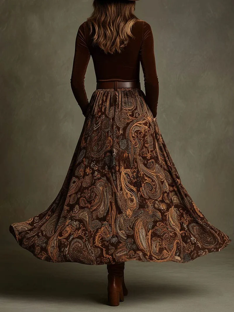 Retro Stretch Velvet Top And Paisley Print Maxi Skirt Set