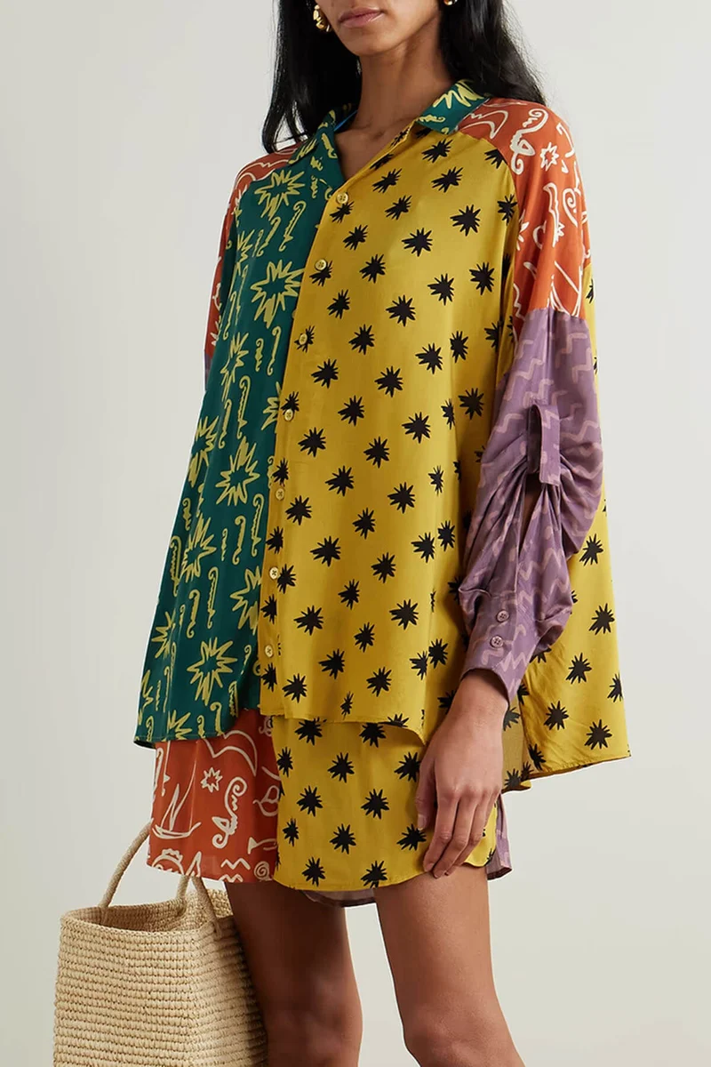 Unique Printed Crepe Shirt and Elastic Waist Shorts Set
