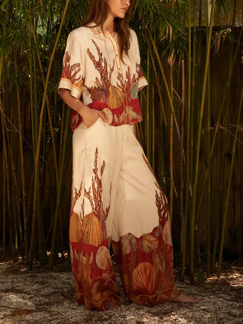 Exquisite Print High-Waisted Pocket Wide-Leg Pants