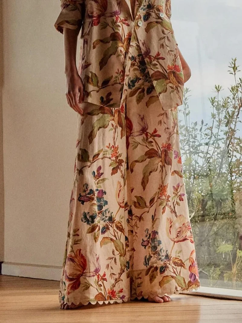 Exquisite Retro Floral Print Lapel Blazer Loose Pocket Wide-Leg Pants Set