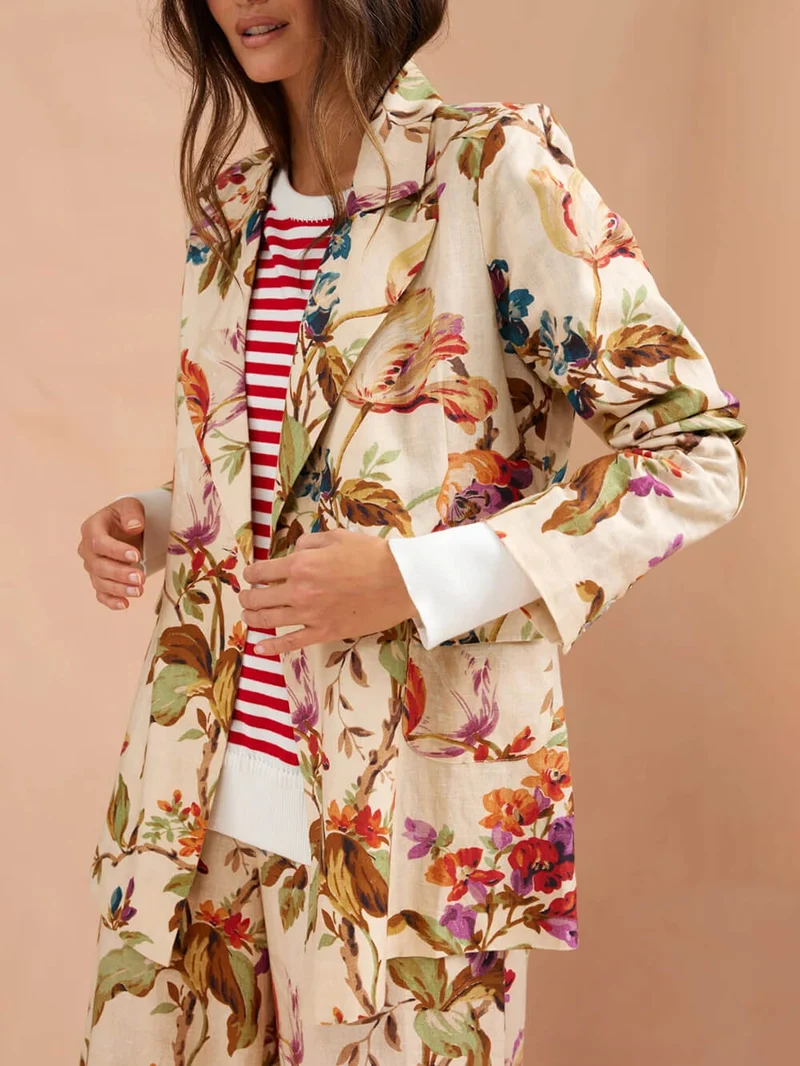 Exquisite Retro Floral Print Lapel Blazer Loose Pocket Wide-Leg Pants Set