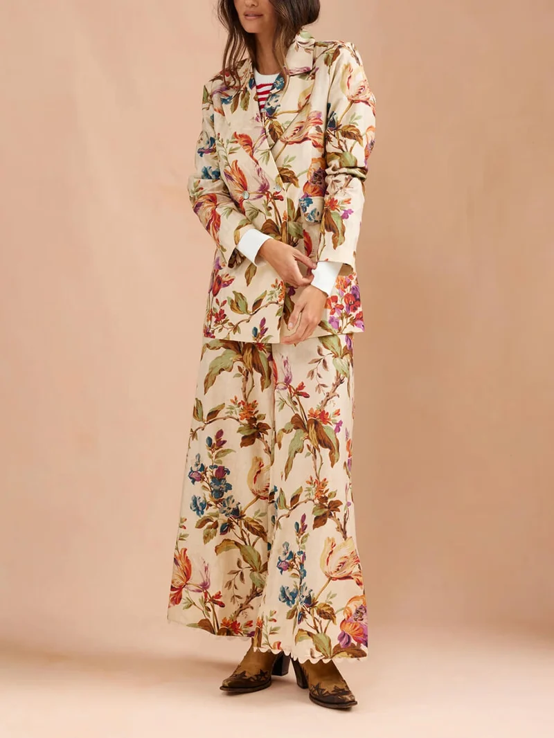 Exquisite Retro Floral Print Lapel Blazer Loose Pocket Wide-Leg Pants Set