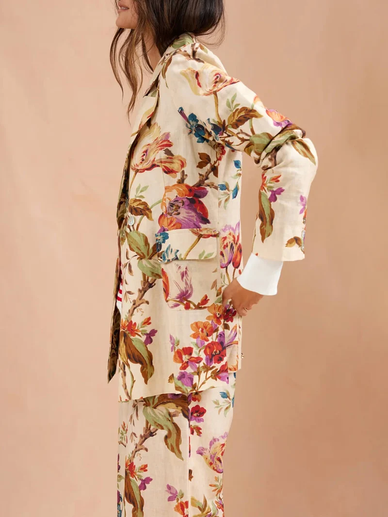 Exquisite Retro Floral Print Lapel Blazer Loose Pocket Wide-Leg Pants Set