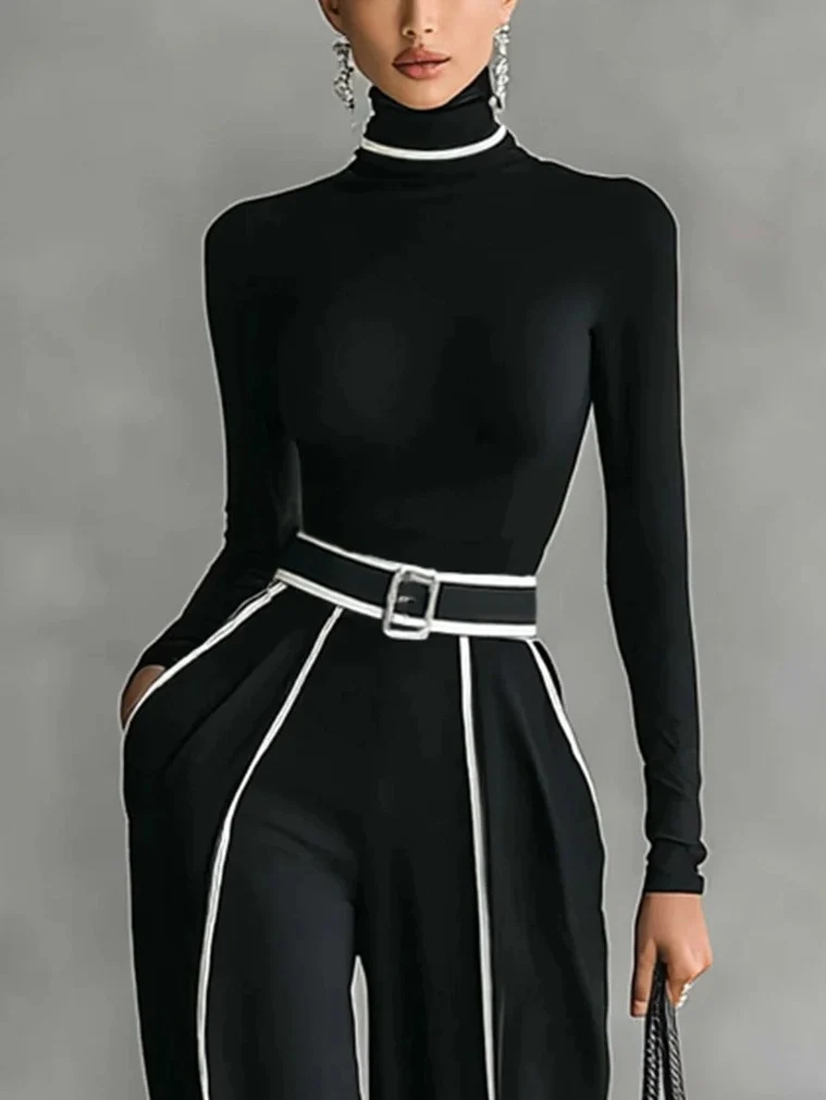 Elegant High Neck Slim Fit Long Sleeve Top Two-Piece Set