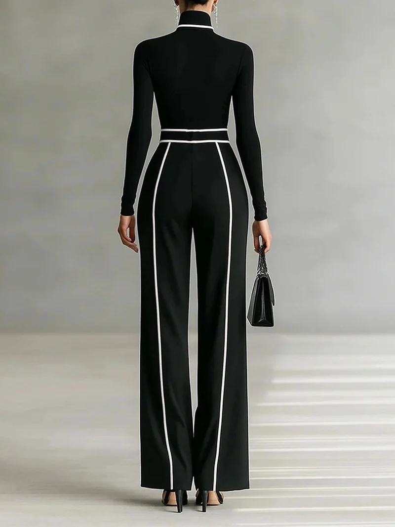 Elegant High Neck Slim Fit Long Sleeve Top Two-Piece Set