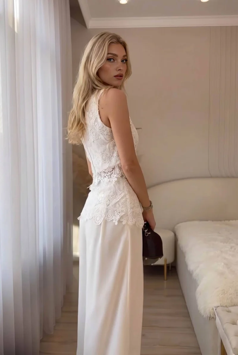 Lace Panelled Top And Wide Leg Pants Set
